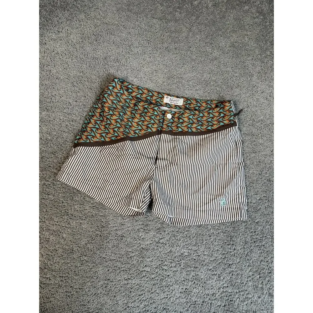 Penguin Munsingwear Swim Shorts Mens 36 Brown Striped Lined Built-In Brief